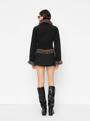 Denim Collar Faux Fur Trim Long Sleeve Jacket