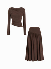 Boat Neck Ruched Asymmetrical Hem Top & Elastic Waist Maxi Skirt Set