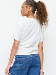 Round Neckline Short Sleeve Ruched Knotted Asymmetrical Hem Tee