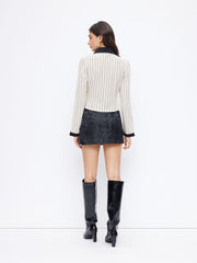 Collar Striped Contrasting Binding Long Sleeve Blouse