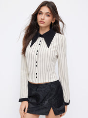 Collar Striped Contrasting Binding Long Sleeve Blouse