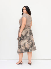 Mesh Leopard Mid Rise Bowknot Ruffle Hem Midi Skirt Curve & Plus