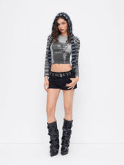 Cotton-blend Cat Graphic Striped Round Neckline Long Sleeve Tee