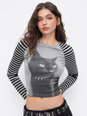Cotton-blend Cat Graphic Striped Round Neckline Long Sleeve Tee