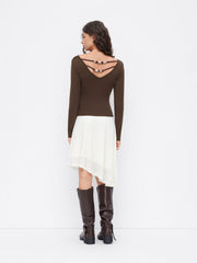 Cowl Neck Beaded Backless Ruched Long Sleeve Tee