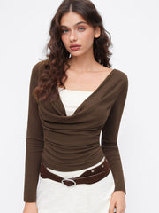 Cowl Neck Beaded Backless Ruched Long Sleeve Tee