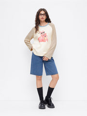 Cotton-blend Dog Graphic Round Neckline Striped Patched Tee