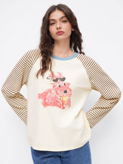 Cotton-blend Dog Graphic Round Neckline Striped Patched Tee