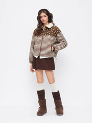 Cotton Funnel Neck Gingham & Ditsy Floral Patched Oversized Jacket