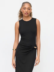 Ruched Metal Detail Asymmetrical Hem Midi Tank Dress