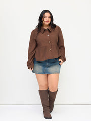 Corduroy Collar Long Sleeve Button Peplum Jacket Curve & Plus