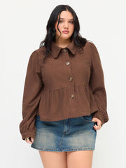 Corduroy Collar Long Sleeve Button Peplum Jacket Curve & Plus
