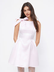 Satin Boat Neck Bowknot Ruffle A-line Mini Dress