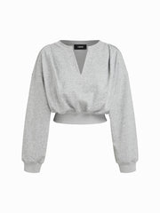 Cotton-blend V-neck Elastic Waist Cropped Sweatshirt