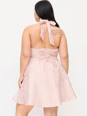 Jacquard V-neck Floral Lace Up Tie Back Mini Dress Curve & Plus