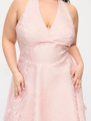 Jacquard V-neck Floral Lace Up Tie Back Mini Dress Curve & Plus