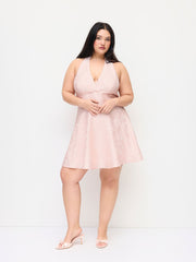 Jacquard V-neck Floral Lace Up Tie Back Mini Dress Curve & Plus