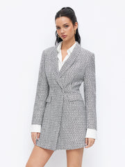 Tweed Wool-blend Collar Double Breasted Longline Blazer