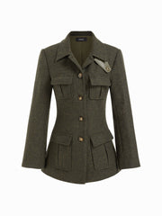 Wool-look Collar Button Pocket Cinched Waist Jacket