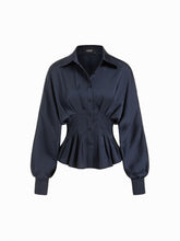 Satin Collar Ruffled Cinched Waist Lantern Sleeve Shirt