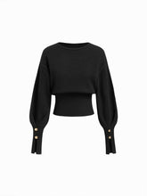Knit Round Neckline Metal Detail Cinched Waist Lantern Sleeve Top