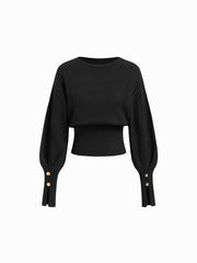 Knit Round Neckline Metal Detail Cinched Waist Lantern Sleeve Top