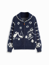 Knit Snowflake Graphic Contrasting Binding Zip Through Oversized Cardigan