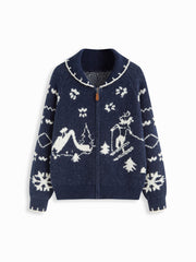 Knit Snowflake Graphic Contrasting Binding Zip Through Oversized Cardigan
