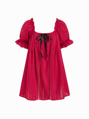 100% Cotton U-neckline Bowknot Lettuce Trim Puff Sleeve Mini Nightdress
