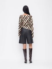 Boat Neck Zebra Striped Belted Bell Sleeve Top