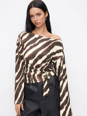 Boat Neck Zebra Striped Belted Bell Sleeve Top