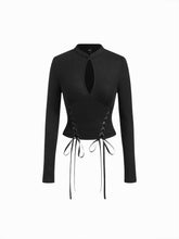 Stand Collar Lace-Up Cut Out Ribbed Top