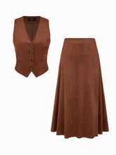 Suede V-neck Vest & Mid Rise Midi A-Line Skirt Set