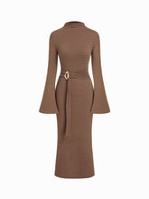 Textured Stand Collar Bell Sleeve Maxi Dress With Belt