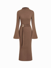 Textured Stand Collar Bell Sleeve Maxi Dress With Belt