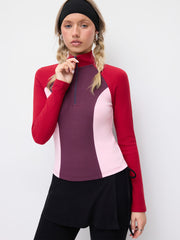 Thermal Cotton-blend Stand Collar Colorblock Raglan Long Sleeve Half Zip Tee