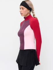 Thermal Cotton-blend Stand Collar Colorblock Raglan Long Sleeve Half Zip Tee