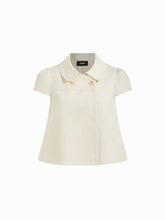 Cotton-blend Collar Double Breasted Short Puff Sleeve Oversized Blouse
