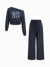 Terry Asymmetrical Neck Solid Long Sleeve Crop Top & Mid Rise Elastic Waist Knotted Wide Leg Trousers Set