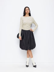 Polka Dot Boat Neck Long Sleeve Ruched Bodysuit