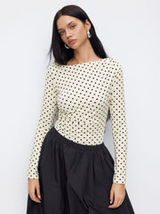 Polka Dot Boat Neck Long Sleeve Ruched Bodysuit