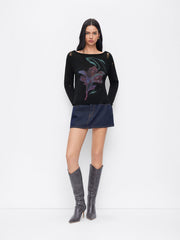 Knit Floral Graphic Boat Neck Long Sleeve Ripped Top