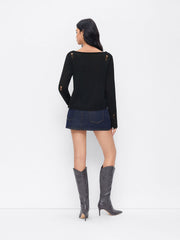 Knit Floral Graphic Boat Neck Long Sleeve Ripped Top