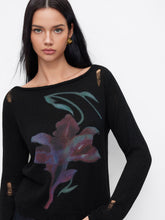 Knit Floral Graphic Boat Neck Long Sleeve Ripped Top