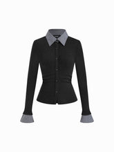 Cotton Plaid Polo Collar Ruched Two Tone Top