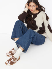 COWHIDE PRINT FAUX SUEDE MULE FLATS