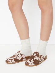 COWHIDE PRINT FAUX SUEDE MULE FLATS