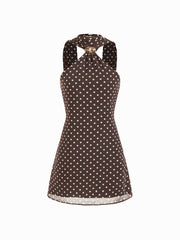 Chiffon Halter Neckline Polka Dot Backless Mini Dress With Scarf