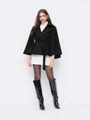 Wool-look Collar Button Cloak Sleeve Coat With Belt
