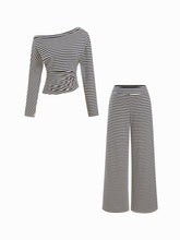 Cotton-blend Asymmetrical Neck Striped Top & Mid Rise Wide Leg Trousers Set
